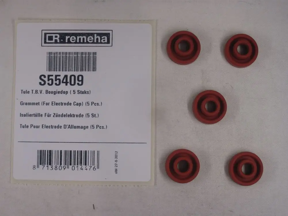 Rote Gummidichtungen in verschiedenen Größen von Remeha, verpackt auf einem Etikett mit Artikelnummer S55409. Gesamtanzahl: fünf Stück.